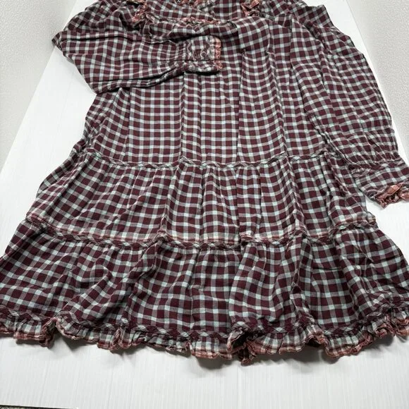 Ulla Johnson Elm Plaid Ruffle Mini Dress Size 8 Burgundy Check Long Sleeve - Picture 11 of 13